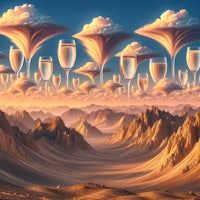 a painting of a desert with wine glasses in the sky