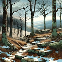a painting of a snowy path in the woods