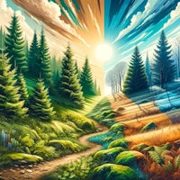 a painting of a forest with trees and a path