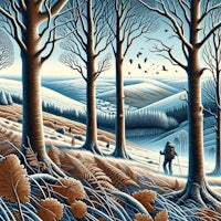 a painting of a man walking through a snowy forest